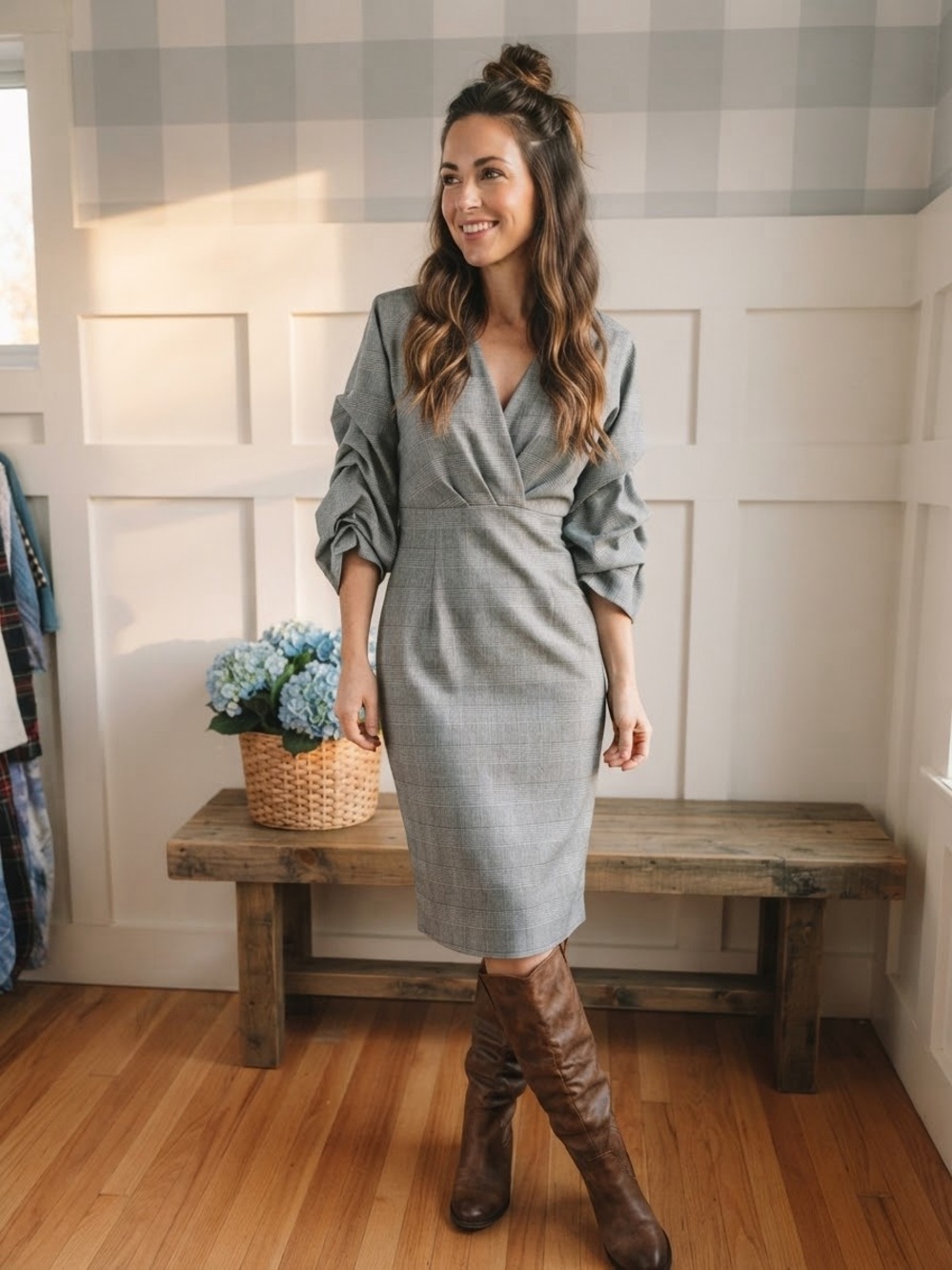 Zara Gray Plaid Wrap Midi Dress with Ruched Sleeves